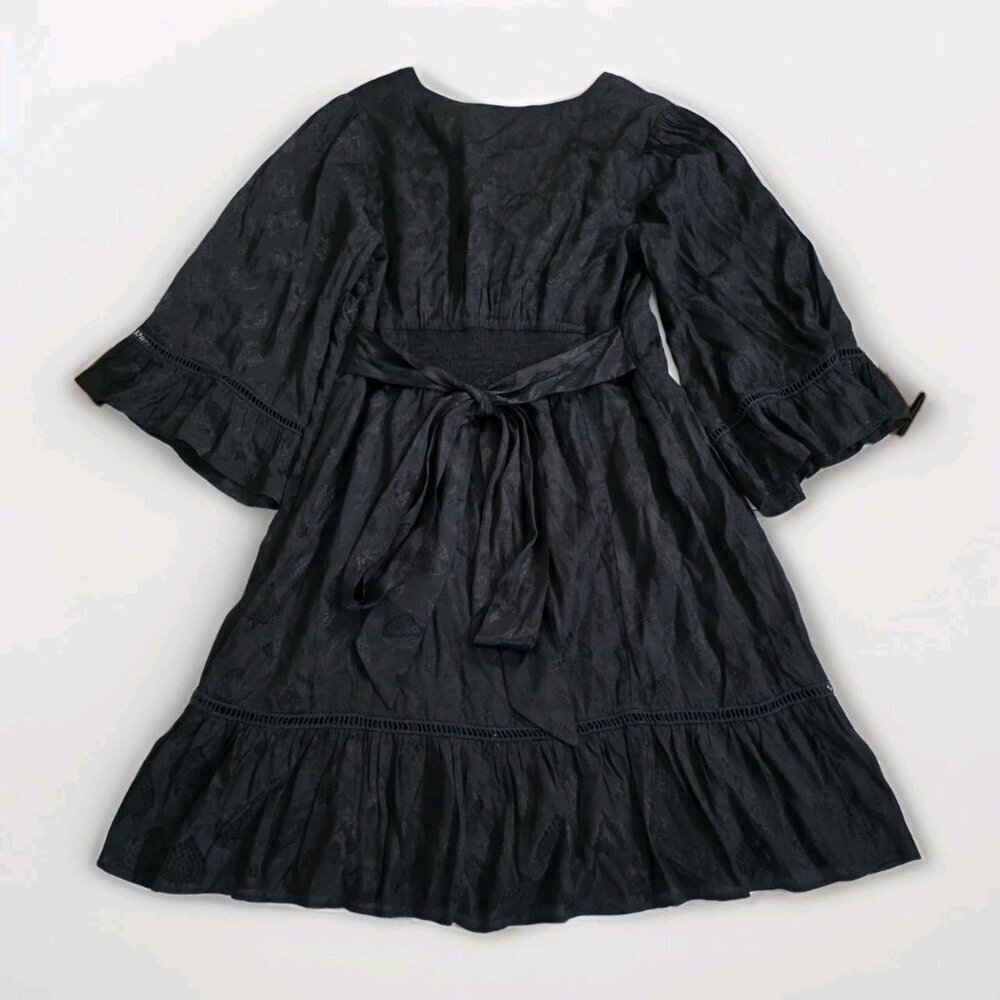 Maeve Christine Dress Women 8 Black Floral Satin Belted Eyelet Lined Whimsigoth - Picture 15 of 16